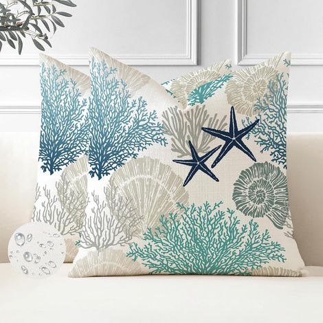 JSSEVN - Set of 2 Blue Waterproof Outdoor Cushion Covers 45 x 45 cm Summer Cushion Cover Starfish Coral Seashell Pillowcase Polyester (1/5)