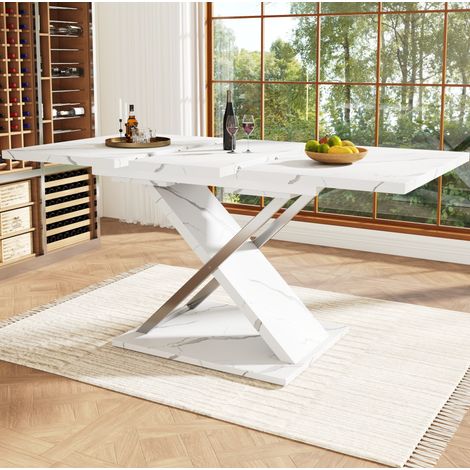 Table extensible de comedor MDF blanco efecto mármol y metal 118-157x75x76,4 cm para 6-8 personas (1/5)