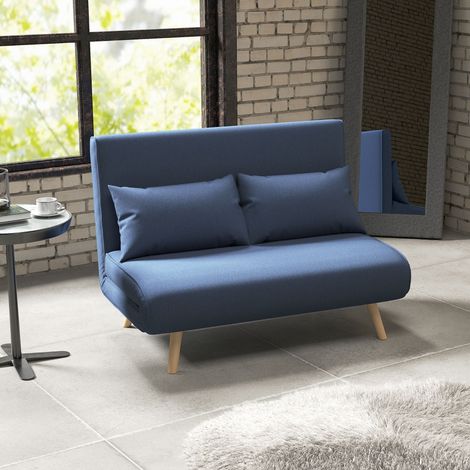 Sofá Cama de 2 Plazas Tapizado Tipo Lino con Respaldo Ajustable en 5 Posiciones y 2 Almohadas 120x75x85 cm Azul Oscuro (1/5)