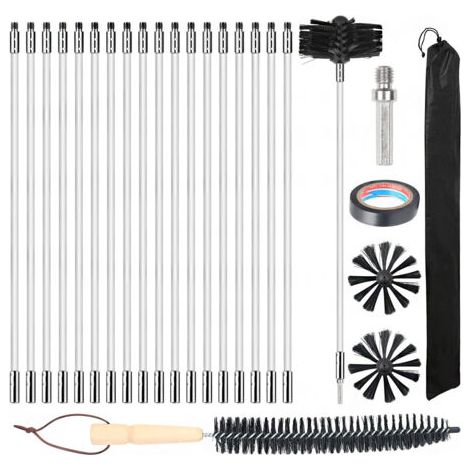100-mm-Bürstenleiste, 27 Kaminbürsten (davon 20 flexible 410-mm-Leisten), 2 Bürstenköpfe, 1 Bohrfutter + Kaminzubehör und Bürste mit Holzgriff (1/5)