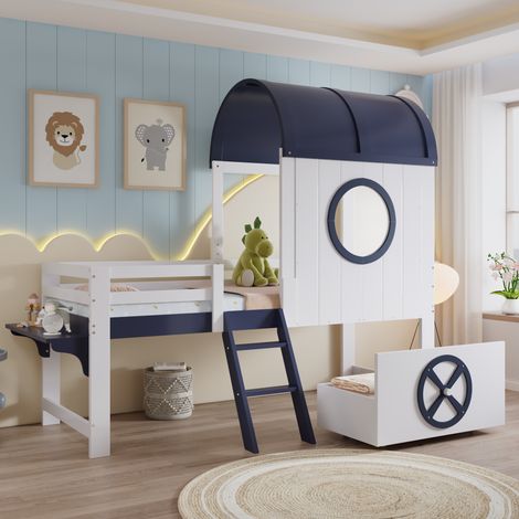 Letto a soppalco per bambini in legno massello e MDF bianco e blu scuro 90x200 cm con cassetto, tetto e finestre (1/5)