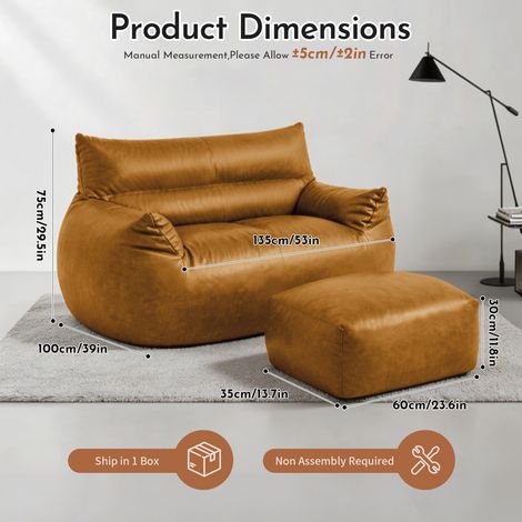 Sillón puf doble 135x100x75 cm de polipiel marrón con otomana, sin montaje – MEUBLIV (1/5)