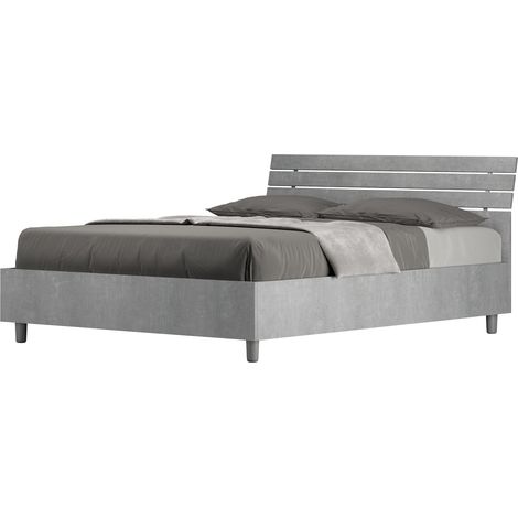 Letto Matrimoniale Francese 140x190 cm con Rete e Contenitore Ankel Testata Doghe Inclinata Cemento (1/4)