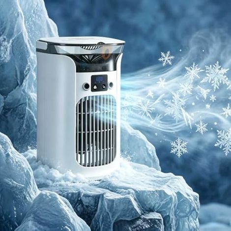 Ventilateur portable avec double brume, refroidissement à 3 vitesses, mini refroidisseur d'air alimenté par USB avec lumières LED 7 couleurs, réservoir d'eau de 880 ml avec écran LED, pour chambre (1/5)