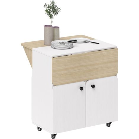 Desserte de Cuisine Pliante sur Chariot avec Plateau Rabattable et Rangement 4 Roulettes Bois Naturel et Blanc 70x83x75 cm (1/5)