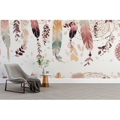Papier peint boho pluie de plumes legeres aquarelle 1 - 150 x 250 cm (1/2)