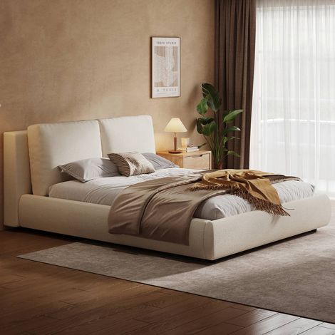 Lit double 180 x 200 cm avec coffre de rangement, sommier à lattes, tête de lit capitonnée en bouclé beige, design moderne (1/5)