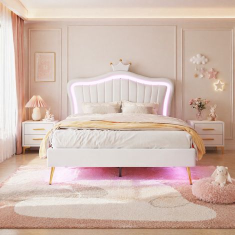 Lit princesse 140x200cm – Tête de lit couronne avec Hauteur réglable et éclairage LED RGB – Sommier à lattes bois massif – Cuir PU blanc