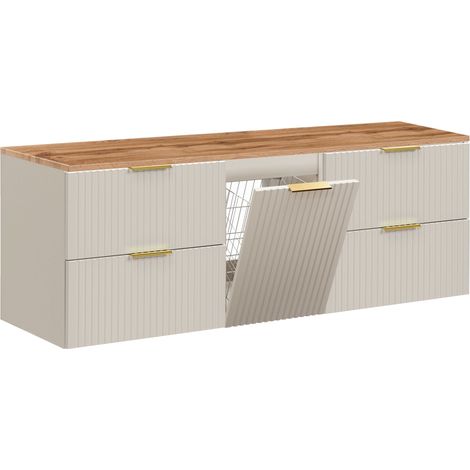 Furnidea - Meuble suspendu sous vasque ADEL CACHEMIRE 160 cm avec panier à linge et plan chêne - 4 tiroirs - Façades rainurées (1/5)