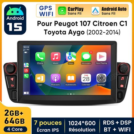 7 pouces Carplay Autoradio pour Peugeot 107/Citroen C1/Toyota Aygo Android 2+64GB JUNSUN (1/5)