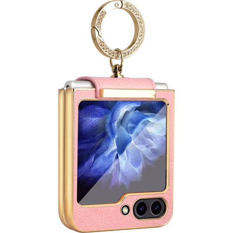 Elegante custodia per telefono in vera pelle con anello di fissaggio e cover protettiva pieghevole galvanizzata, per Samsung Galaxy Z Flip 4 (1/2)