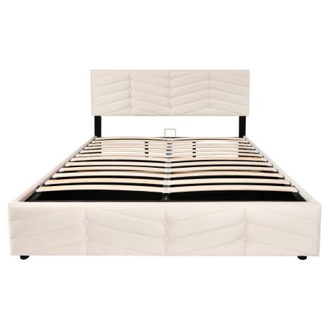 Lit 140x200 rembourré velours tête ajustable latte support bois beige (1/5)
