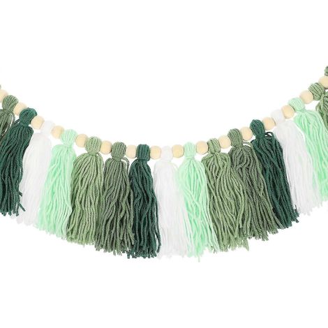 Guirlande de pompons en macramé pour décoration murale intérieure, lot de 2, en coton vert (1/5)