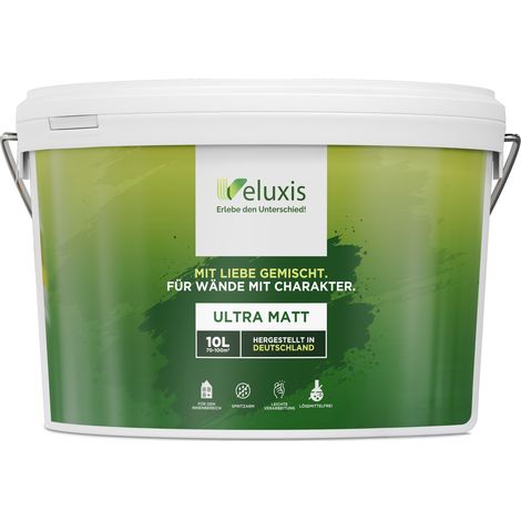 Pittura murale bianca opaca per interni – Copertura classe 1, senza COV, senza primer, a bassa emissione – Soggiorno e camera da letto – 10 L – Veluxis (Pure White)