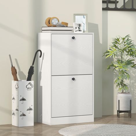 Schuhschrank mit 2 Klappschubladen und verstellbaren Einlegeböden für Flure und kleine Räume, 47 x 26 x 85 cm, weiß mit Holzmaserung