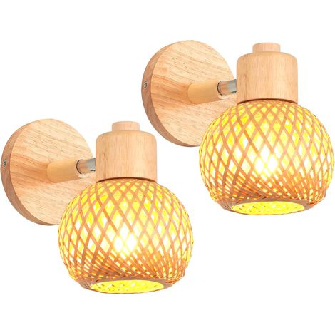 Set of 2 Indoor Wall Sconces 15 cm Adjustable Wood and Rattan Retro E27 Vintage Wall Light for Bedroom, Living Room, Hallway, Restaurant (White Rattan) (1/5)