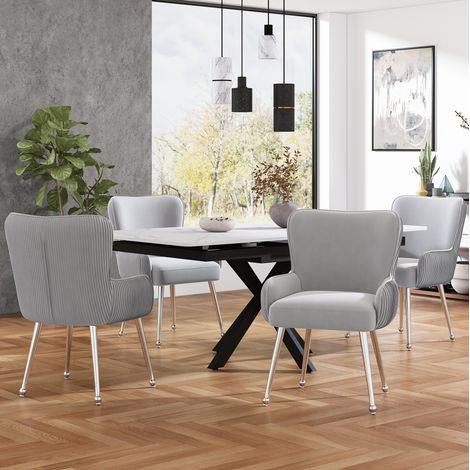Lot de 4 chaises de salle a manger en velours gris, structure metal argentee, accoudoirs et pieds reglables,57×47.5×83cm (1/5)