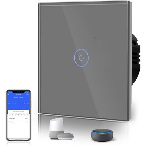 Interrupteur Connecté WIFI, 1 Gang 1 Voie Interrupteur Tactile WiFi en Verre(Ligne Neutre Requise), Compatible avec , 86mm Gris (1/5)