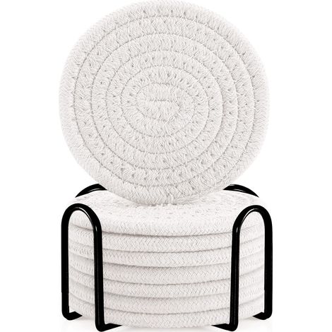 Ensemble de sous-verres ronds en coton blanc bohème pour table à manger, coussin isolant épais, tapis rond pour thé (avec support), 8 pièces