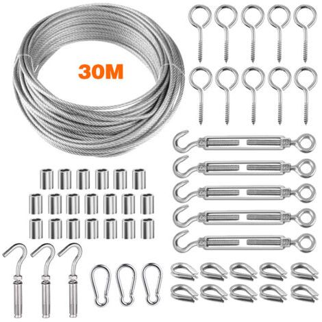 30m 3mm Corde en Acier Inoxydable 304, Cable Acier Suspendre Kit, fil à linge PVC Enrobage avec Tendeur Crochet, pour Corde à Linge, Cable Suspension Luminaire, Plante Grimpante (1/5)
