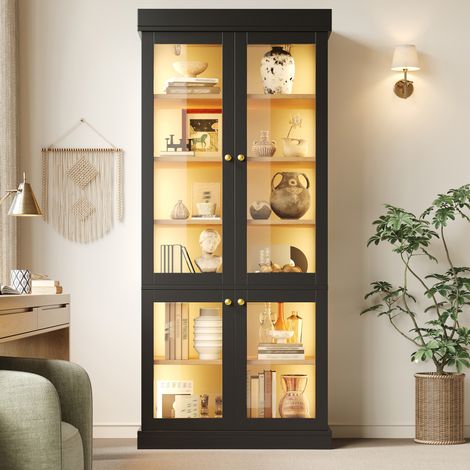 Armario alto (80x40x180 cm), con luces LED de ambiente, almacenamiento interior, MDF y cristal, negro (1/5)