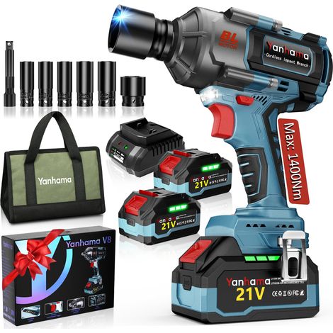 Cle a Choc Sans Fil Brushless 1400 Nm, Boulonneuse a Choc Electrique avec 2 4500mAh Batterie 21V, Adaptateur 1/2" Visseuse à Chocs D'impact, Facilité pour Boulonner et Déboulonner (1/5)