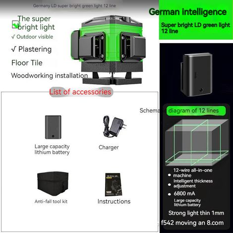 Niveau laser 12 lignes Machine à niveler automatique Batterie lithium rechargeable USB Outil de mise à niveau avec lignes d'inclinaison verticales et horizontales, Vert