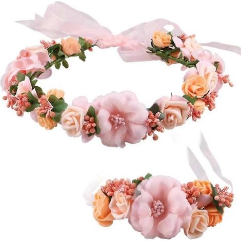 Guirlande de fleurs ajustable pour bandeau de mariage avec bracelet floral et couronne de cheveux (rose tweed) (1/5)