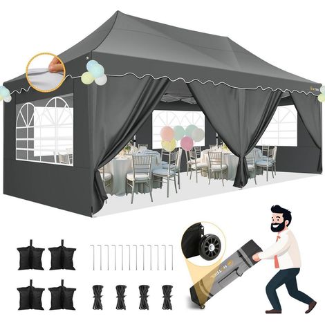 Tonnelle pliante 3x6m Gris Imperméable UV50+ avec 6 parois latérales & sacs de sable (1/5)