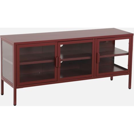 Mueble de TV estilo industrial de metal y vidrio templado con 3 puertas, 120cm (1/5)
