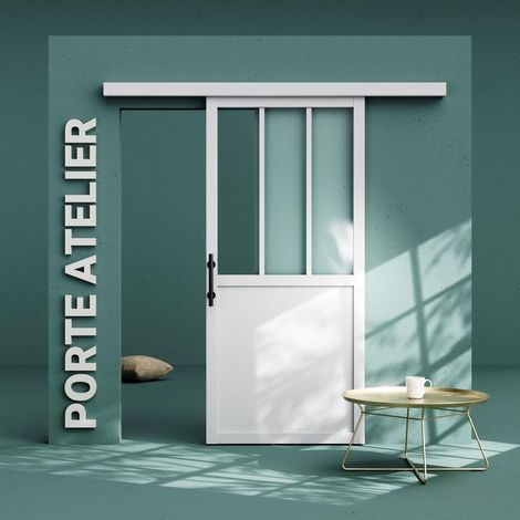 Porte Coulissante avec Rail - Atelier Blanche 83 cm - Avec poignée (1/4)