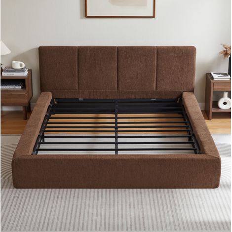 Lit 160x200 cm marron avec tête de lit rembourrée en mousse et cadre en acier renforcé (1/5)