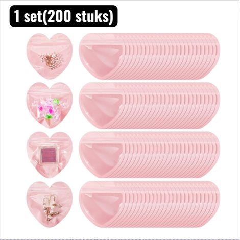 Lot de 200 pochettes de rangement en PVC en forme de cœur avec fermeture éclair, pochettes transparentes pour bijoux, petits objets et loisirs créatifs, sachets d’emballage cadeau, rose (1/5)