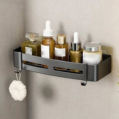 (1 carré noir) 1 étagère de rangement murale d'angle en aluminium sans perçage pour salle de bain - Idéale pour ranger shampoing, gel douche et autres produits cosmétiques. (1/5)