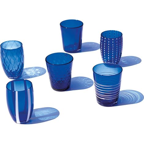 Zafferano Melting Pot Set 6 Bicchieri Monocolore - Blu - Vetro Soffiato a Mano, 32 cl - Tumbler Artigianali per Acqua e Cocktail