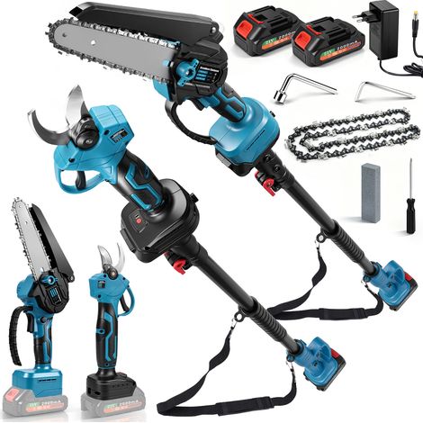 4-en-1 Tronçonneuse Haute Branche 6 Pouces + Mini Scie + Élagueuse sur Perche + Sécateur Électrique Sans Fil 600W Brushless, 2 Batteries 2,0Ah, Perche 1,05-1,7m, 4m Hauteur, Lubrification Auto (1/5)