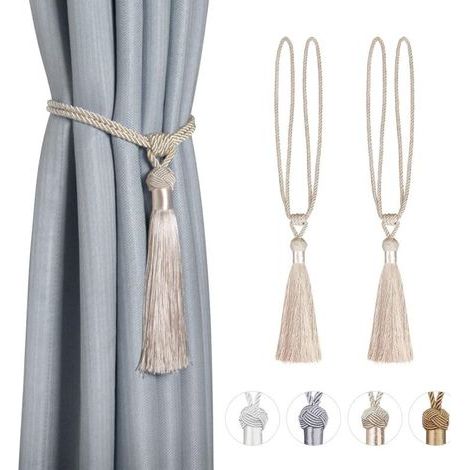 CSPARKV Lot de 2 Embrasses de Rideaux Corde Tressée Polyester Coton Sangle Embrasses de Draperie avec Gland Décoratives Accessoires de Rideau,Beige (1/5)