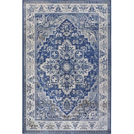 Tapis d'orient 80 x 240 cm, motif oriental, bleu beige gris, structure dense et plate, finition tissée, ambiance authentique pour couloir