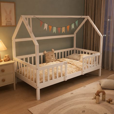 Lit cabane enfant 90x200 cm avec cheminée décorative, garde-corps, sommier à lattes, pin, panneau de particules et contreplaqué, blanc (1/5)