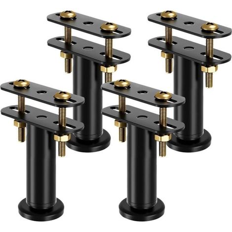 Lot de 4 Pieds de Lit Réglables en Hauteur de 12 à 18 cm - Kit de Renforcement pour Barre Centrale et Sommier à Lattes - Pieds de Support Robustes pour Cadre de Lit(Noir) (1/5)