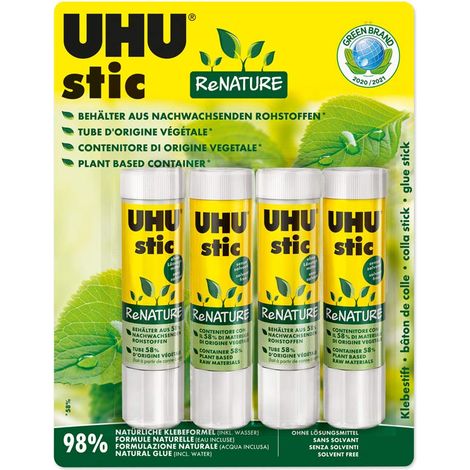UHU stic ReNature 4x21g naturale con tubetto in bioplastica colla per bambini, sicura da usare per i lavoretti, adatta per la scuola, l'ufficio, l'università (1/4)