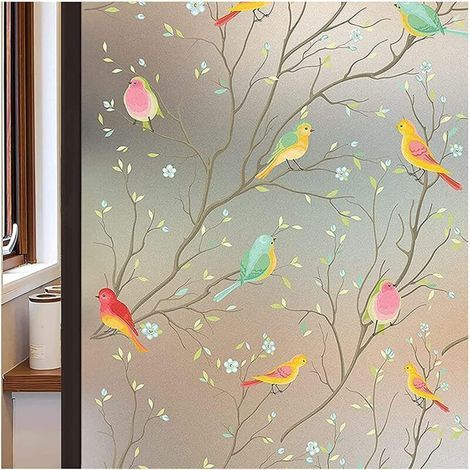 Film pour vitres opaques. Film dépoli. Film effet vitrail. Film statique. Autocollant. Film non adhésif. Stickers oiseaux pour fenêtres (maison, salle de bain, bureau). 45 x 200 cm (1/5)