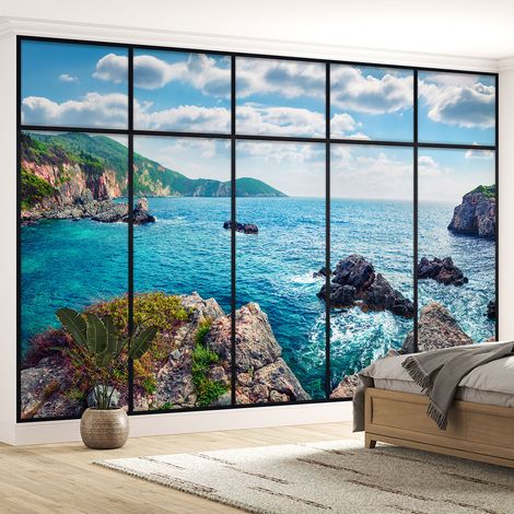 Papier peint panoramique Trompe l'oeil Verrière - Vue mer - 130 cm x 82 cm (1/5)