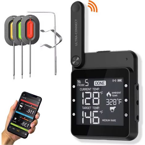 Thermomètre de barbecue sans fil avec application mobile pour four, grillades de viande, steaks, mesure de température, alarme, minuterie et cuisson connectée. (1/5)