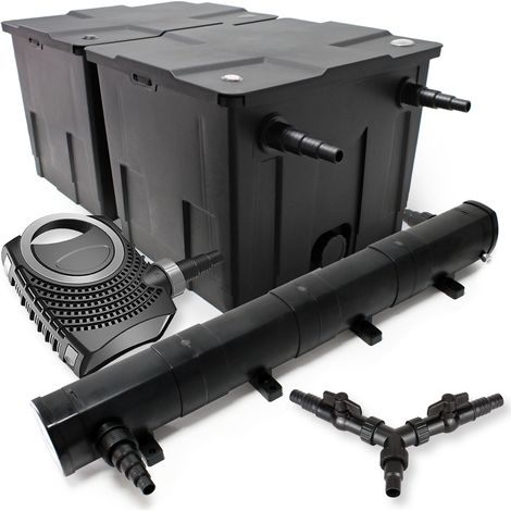 SunSun Komplettset: CBF-350B Teichfilter bis 60000 L Teichfilteranlage als Durchlauffilter, NEO10000 SuperECO Teichpumpe 10000l/h 80W, CUV-272 Teichklärer UVC Klärer mit 72W, Y-Verteiler