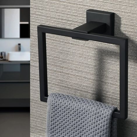 Anneau Porte-Serviettes Murale Support de Serviettes Carré Moderne de Salle de Bain, 16 cm x 15 cm, Finition Noire Mate en Acier Inoxydable SUS 304 (1/4)