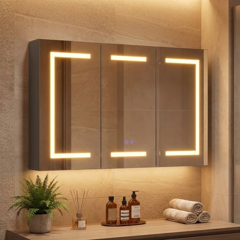 Armadietto bagno a parete con specchio LED, mobile specchio bagno, 100 x 60 x 13,5 cm, 3 ante, ripiani - Bianco