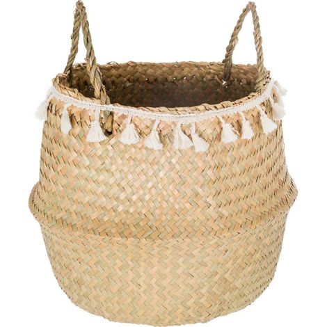 Deko-Korb aus Seegras, geflochten, Ø 31 cm, mit weißen Fransen (1/4)