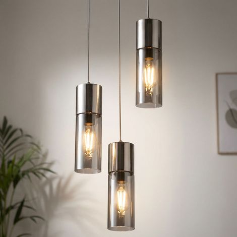 Hängeleuchte Rauchglas 3 Flammig Pendelleuchte nickelfarben Esszimmerleuchte Glas, Metall, 3x E27 Fassungen, DxH 30x150 cm