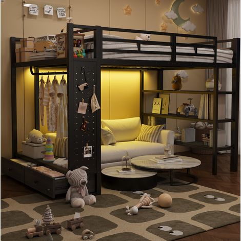 Letto a soppalco 140x200 cm in metallo nero con guardaroba aperto, ripiani, parete forata e LED (1/5)